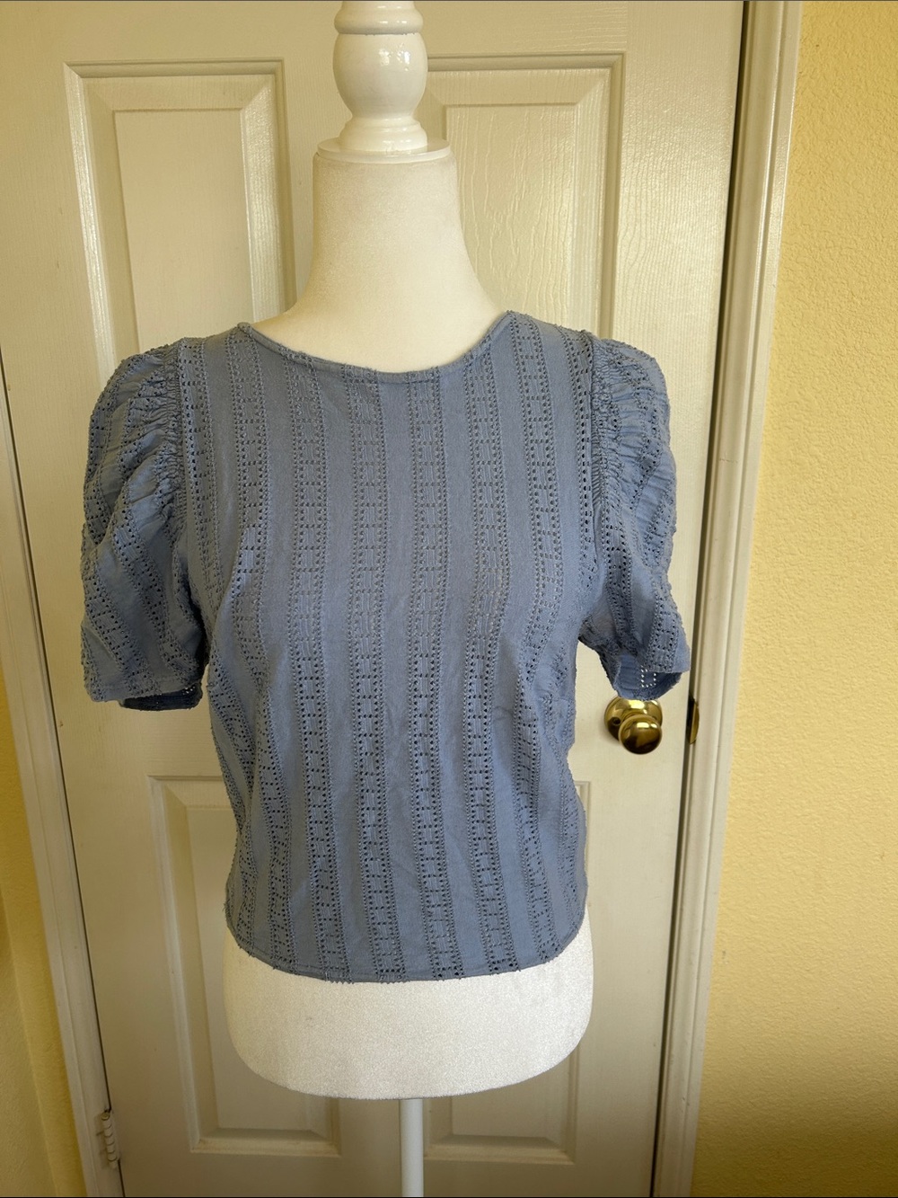 Free People Dusty Blue Eyelet Puff Sleeve Top